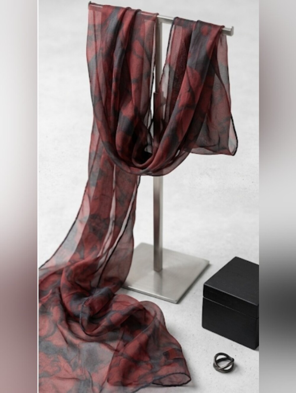 Bernie Of New York Vintage 90's 100% Silk Chiffon Scarf with Red & Black Print
